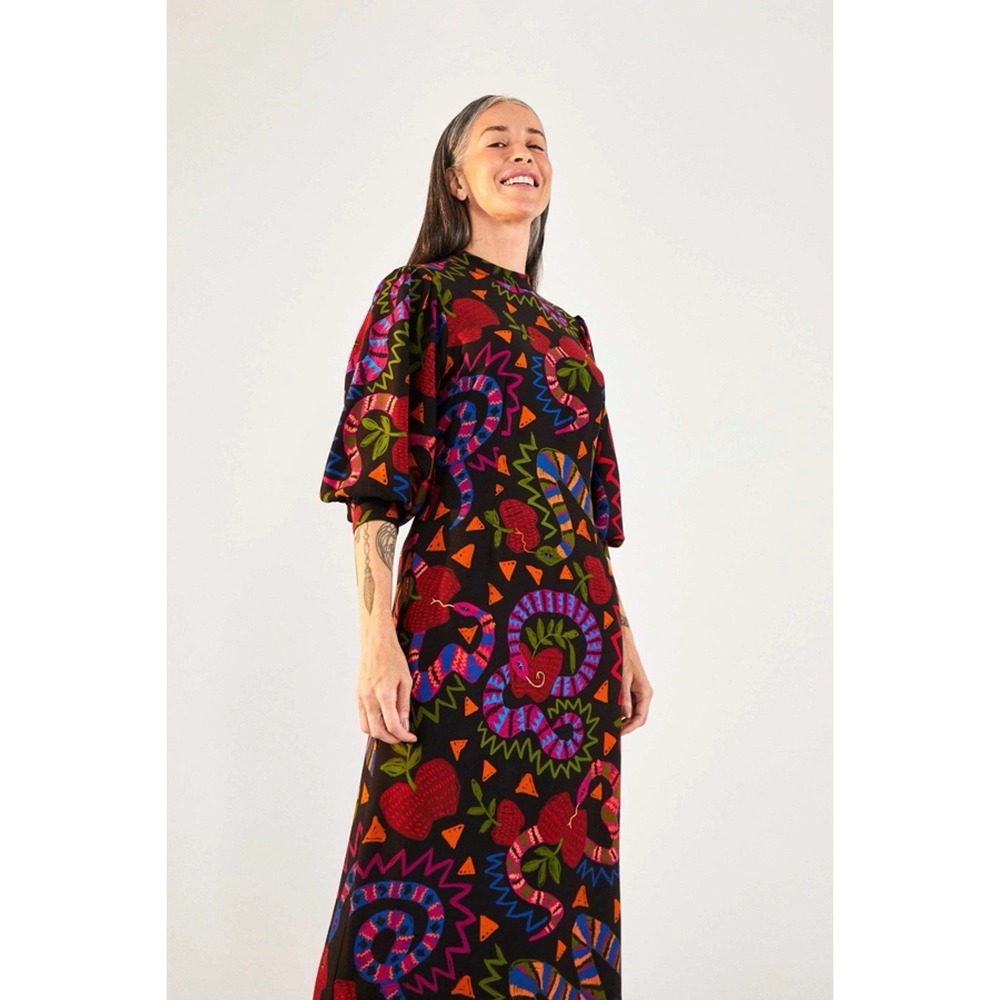 FARM Rio Jungle Snake Fruit Midi in Black Apple Puff Sleeve Dress Size Large
